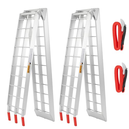 VENDAV 7.5 ft Aluminum Truck Ramps, 1500 lbs Capacity Pair, Folding Loading Ramps for Pickup Trucks & Trailers with Load Straps, for ATV, Dirt Bike, UTV, Lawn Mower, 89' L x 12' W, 2 Pcs
