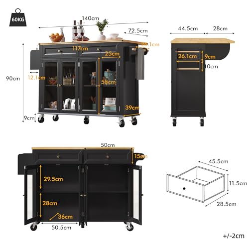 Isla de cocina con ruedas y puertas de cristal, armario de buffet móvil, carrito de servicio con vetas de madera y espacio de almacenamiento, carrito de cocina para comedor, sala de estar, cocina - imagen 4