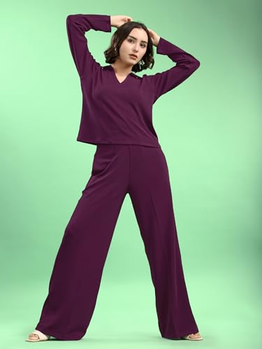 Image of PURVAJA Women's Regular Sleeve Top & Trouser Solid Co-ords