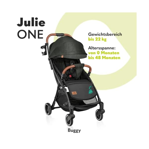LIONELO Julie One Buggy Kinderwagen bis 22 kg, verstellbare Rückenlehne und Fußstütze, Moskitonetz, Beinwärmer, Getränkehalter und Transporttasche, zusammenklappbar TROPICAL GREEN