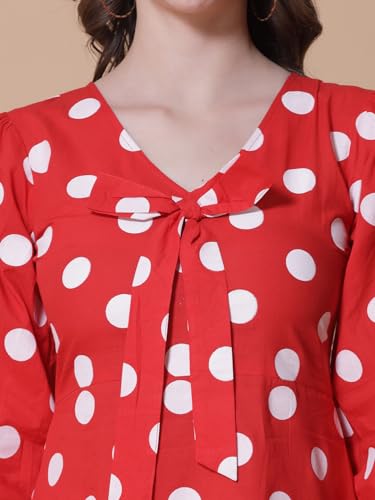 Image of GOD BLESS Red Colored Cotton Polka Dot Printed Short Dress,Short Length,Full Sleeeves,V Neck
