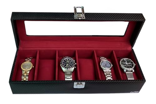 Image of Men's and Women's Watch Box Organiser in leatherette and suede- 6 Slots (Black sapphire-6W)