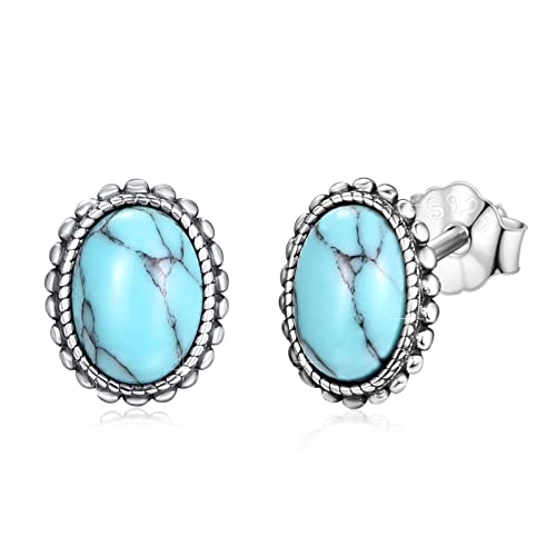 Turquoise Stud Earrings,S925 Sterling Silver Vintage Braids Circle Turquoise Earrings,Blue Gemstone Bohemian Ethnic Tribal Jewelry Gift For Women Graduation (Oval) #TOP8