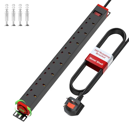 8 Way Power Strip Surge Protector with Metal Housing 8 Plug Extension Lead with Switch & 360 Rotating Wall Mount Brackets 1.8M Cable 13A/3250W Black for Home Office