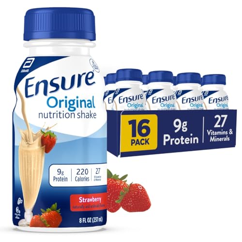 Ensure Original Strawberry Nutrition Shake | Small Meal Replacement Shake | Ready To Drink | 9g Protein, 27 Vitamins and Minerals | 8 fl oz - 16 Pack