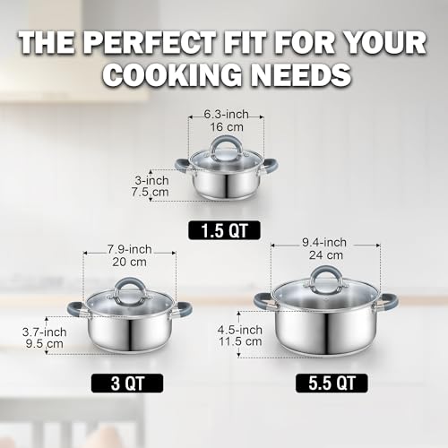 Image of Cook N Home Basics Stainless Steel Cookware Sets, 6-Piece Pots and Pans | Induction Compatible, Dishwasher Oven Safe,Stay-Cool Silicone Handles