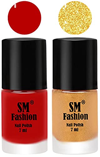 Image of Long Lasting Nail Polish | Nail Paint Combo 7 ml Each) - Set of 2 Red-Light Golden
