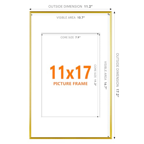 Image of Homso 11 x 17 Frame, Metal Thin Board 11x17 Picture Frame Gold with Acrylic Plexiglass for Pictures A4 with Mat or 11x17 without Mat for Horizontal and Vertical