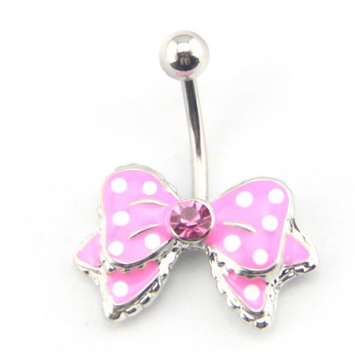 Duoka 14G Pink Bow Bowknot Enamel Belly Ring Navel Bar Body Piercing Jewelry Pink #TOP12