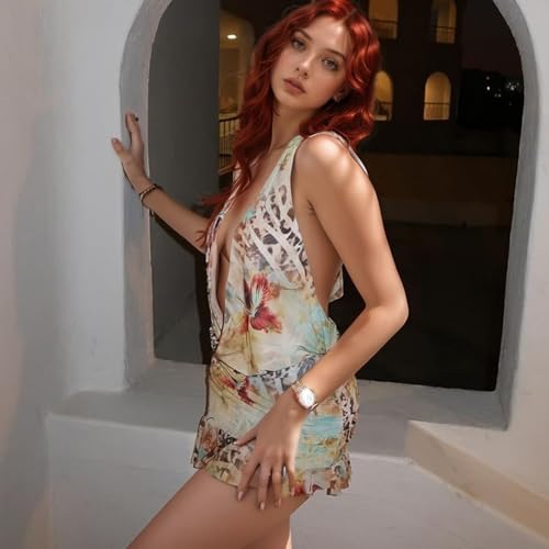 Women's Sexy Skirt Deep V-Neck Belt Halter Neck Backless Irregular Printed Skirt Mesh See Through Dress(Colour-M) Brown3
