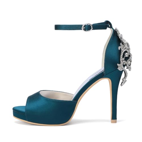 Image of Lady Satin Dress Platform High Heels Wedding Sandals Crystal Back with Free Earrings