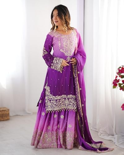 Image of Pandadi Saree Women's Chinon Silk Embroidery Kurta Sharara Set With Dupatta.