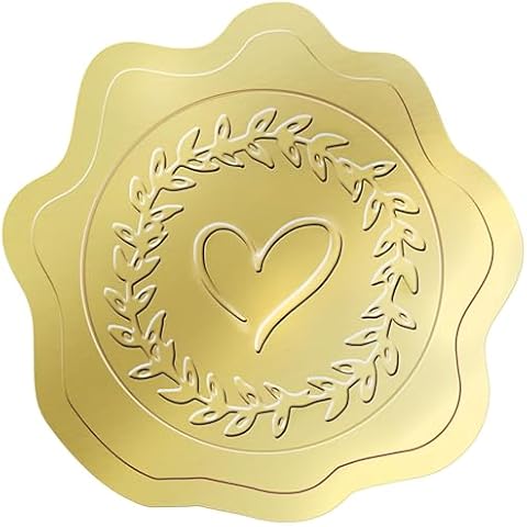 PigPotParty 100 PCS Gold Embossed Wax Seal-Like (Heart) Envelope Seal, Foil Love Stickers for Valentine Day/Wedding/Bridal Shower Invitations-Thank You Greeting Cards-Party Favors, Self-Adhesive Cover