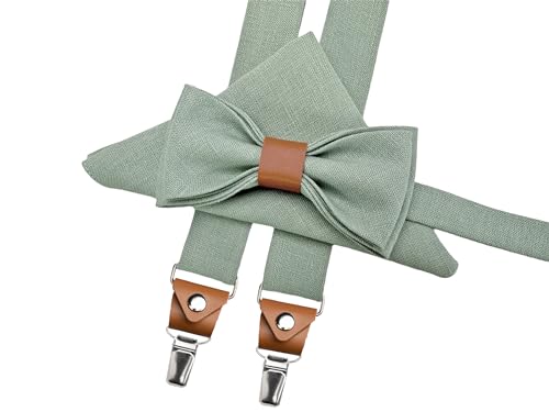 Leinen Accessoires: Fliege mit Leder, Hosenträger mit Leder, Einstecktuch,...