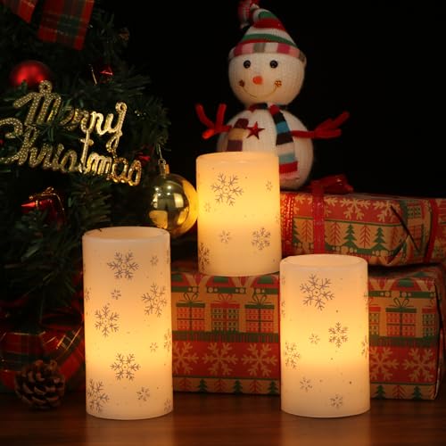 Image of Eldnacele Christmas Flickering Flameless Candles with 6 Hour Timer, Silver Snowflake Decal Battery Operated Real Wax LED Pillar Candles Home Tabletop Holiday Decor(3Pcs,3x4 /5 /6 Inches)