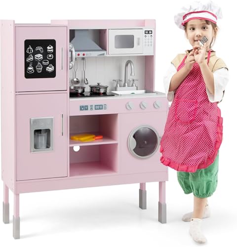 RELAX4LIFE Cocina Juguete con 16 Accesorios y Altura Ajustable 97/101/103cm, Cocinita Infantil con Luces y Sonidos Reales, Espacio de Almacenaje, Cocinita de Madera para Niños 3-8 Años (Rosa)