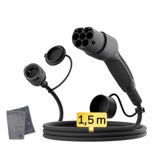 dé Adapter Typ 2 auf Schuko - Elektroauto Ladestecker 16A 1.5m. Einfaches Laden an Ladestationen/Wallboxen trotz Verwendung von 230V Ladegeräten für E-Bike E-Scooter Motorrad. IP55 Nicht für V2L
