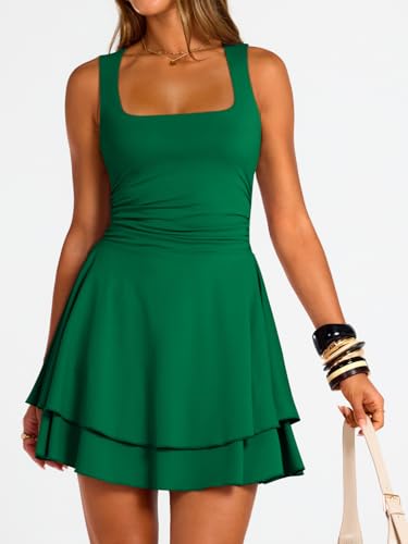 Image of Trendy Queen Women's Square Neck Summer Party Flowy Ruffle Hem Ruched Waist Mini Dress