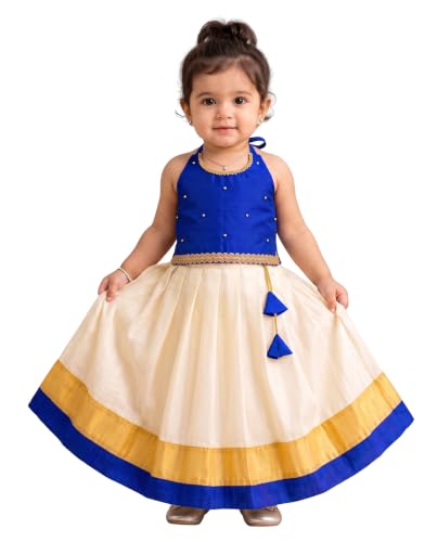 Image of Stanwells Kids Baby Girl Dress Cream Gold Pattu Pavadai Cotton Silk Lehenga Choli Kerala Kasavu South Indian Onam Festival Traditional Ethnic Wear