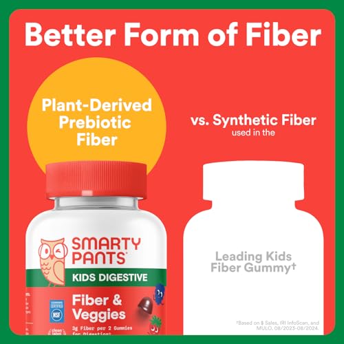 SmartyPants Kids Fiber & Veggies: Prebiotic Fiber Gummies for Kids, Fiber Supplement with Inulin, Organic Green Veggie Blend, Vegan, Gluten Free, Mixed Berry Flavor, 60 Count (30 Day Supply)