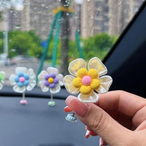 Image of Car Dashboard Decor Sunflower Cute Shaking Head Dancing Flower Interior Accessories Mirror Decorative Ornament (Includes 5 Flowers with Adhesive Stickers for Easy Install) (5 Pcs)