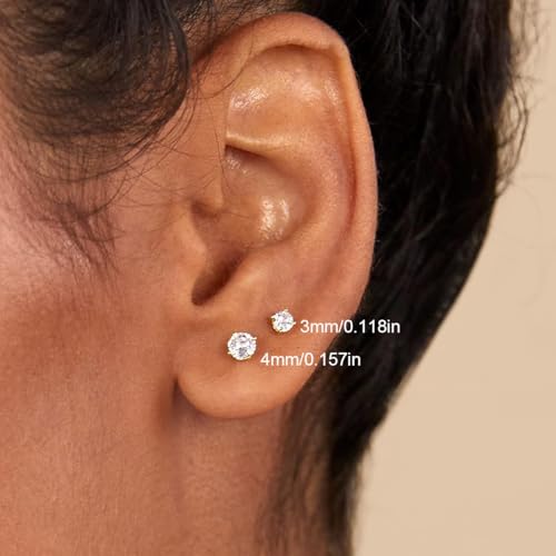 4 Pairs Gold Studs Earrings for Women, 14K Gold Plated Huggie Hoop Stack Earrings Set for Multiple Piercing, Hypoallergenic Cartilage Jewelry with Cubic Zirconia for Sensitive Ears (Gift Ready)4