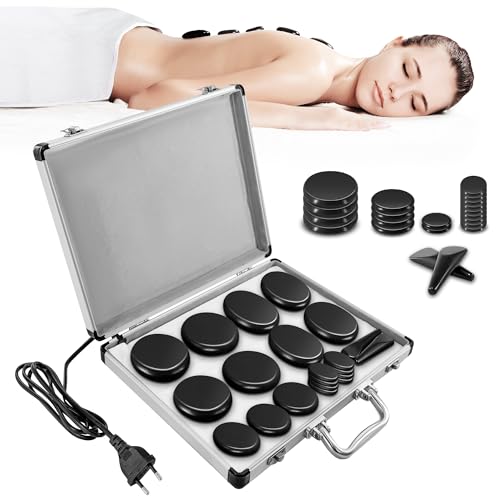 Loyala Hot Stone Massage Set, Portable Hot Stones Massage Warmer Kit with Heating Box, Hot Rocks Basalt Stones with Heater for Home Spa Warming Therapy Relaxing (Black, 21 Pcs)