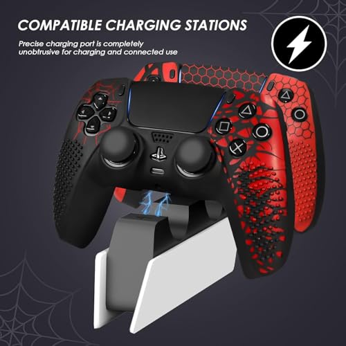 Image of Meyaar Anti-Slip Silicone Cover for PS5 Controller with Thumb Grip Caps & Touchpad Sticker Made for PS5 Controller Only. (Bloodline Black + Honeycomb (2 Pack))