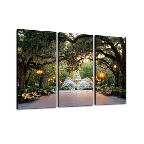 Forsyth Park in Savannah, Georgia Print On Canvas Wall Artwork Modern Photography Home Decor Unique Pattern Stretched and Framed 3 Piece
