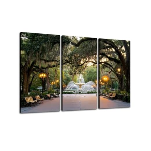 Forsyth Park in Savannah, Georgia Print On Canvas Wall Artwork Modern Photography Home Decor Unique Pattern Stretched and Framed 3 Piece