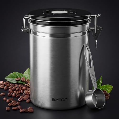 Image of AXEON Airtight Stainless Steel Coffee Canister with Scoop Spoon - 1800 ml | Coffee Bean Storage Container for Loose Leaf Tea, Coffee Beans | Storage Container with Exhaust Valve & Date Tracker