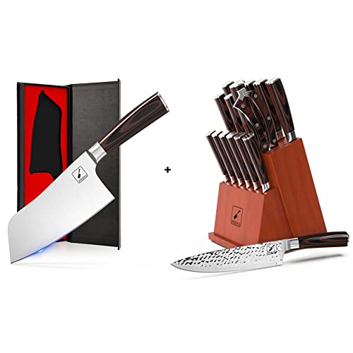 Imarku Japanese Cleaver Knife And Hammered Kitchen Knife Set, High Carbon Steel Chef Knife And Knife Block Set With Ergonomic Pakka Handle, Ultra Sharp #TOP20