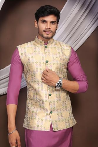 Men's Traditional Kurta Pajama with Sleeveless Printed Nehru Jacket Indian Ethnic Outfit for Wedding Festival 84