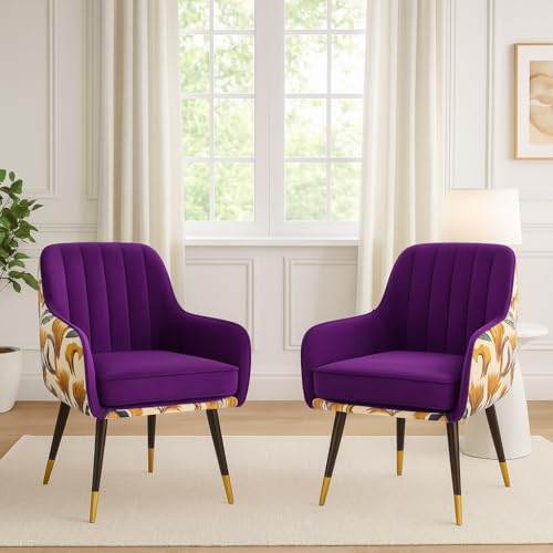 Image of Velvet Chair with Floral Pillow for Home | Modern Accent Armchair in Soft Velvet Fabric with Golden Legs | Set of 2 Premium Accent Chair for Living Room Bedroom (Purple Floral)