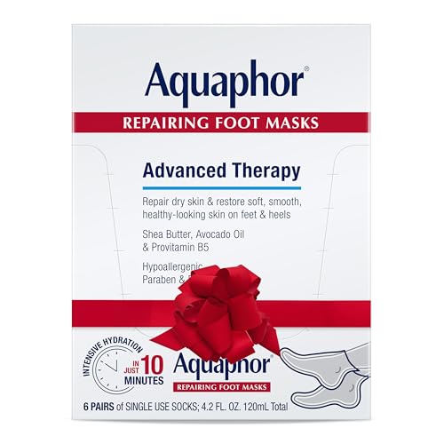 Aquaphor Repairing Foot Masks, Moisturizing Socks for Dry Feet with Avocado Oil and Shea Butter, Holiday Gifts for Self Care, Pack of 6
