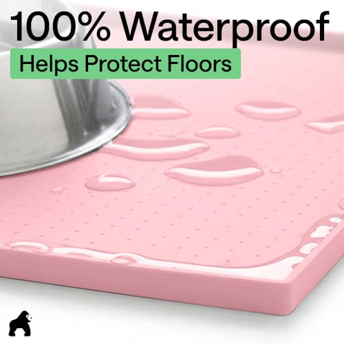 Image of GORILLA GRIP 100% Waterproof Raised Edge BPA Free Silicone Pet Feeding Mat, Dog Cat Food Mats Contain Spills Protects Floors, Placemats for Cats and Dogs Water Bowl, Pets Accessories 32x24 Pink