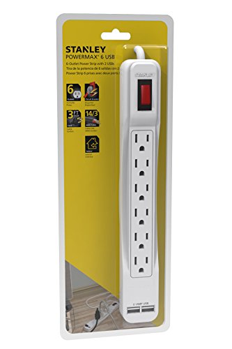 Extensión Stanley PowerMax 6 tomas con puertos USB - Modelo 30024, cable de 3 pies, color blanco miniatura 1