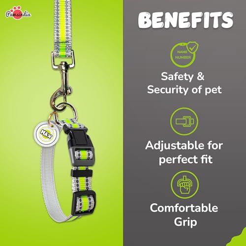 Image of Pawsindia Leash and Collar with Name Tag for Dogs, Reflective Green 0.75 Inche Width Adjustable Collar and 4 Feet Heavy Duty Leash with Customize Nametag