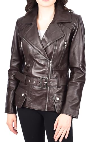 Veste en cuir avec ceinture pour femme marron t42 coupe ajustée