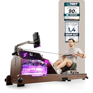 Sportstech Premium Wasser-Rudergerät mit LED-Wassertank, klappbar | Deutsches Qualitätsunternehmen I App mit Workout Kursen+ Tablethalterung | Natur-Massivholz Rudermaschine Rower für zuhause WRX1000