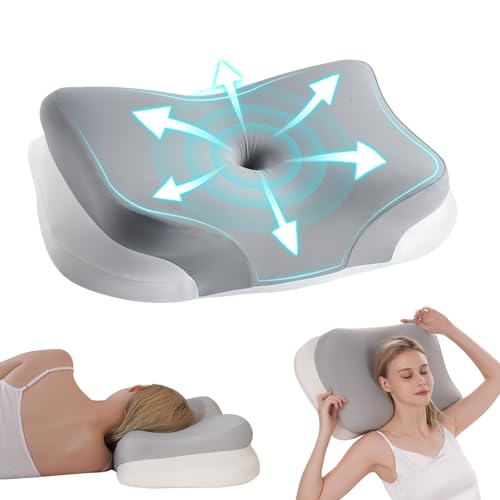KEVIAN Almohada Cervical y de Apoyo Cervical, Ergonómica Curva, Almohada de Espuma Viscoelástica de Alta Densidad para Dormir de Lado, Boca Arriba y Abajo, con Funda Lavable, 60x37x13/12 cm