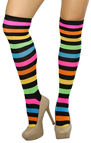 Image of ToBeInStyle Women's Bright Vibrant Rainbow Striped Thigh High Rave Stockings