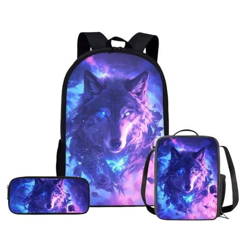 ZPINXIGN Galaxy Wolf Backpack Set for Middle School Girls