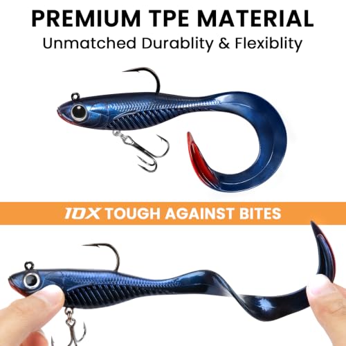 Image of TRUSCEND Duramax TPE Soft Fishing Lures with BKK Hooks, Easy Catch Curly & T-Tail for Trembly Sinking & Vibrating Swim, UV or Glow Effect for All Conditions, Pre-rigged Swimbait for Bass Trout Crappie