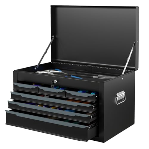 HOMFME 6 Drawer Tool Storage Cabinet, Heavy-Duty Metal Tool Chest with Automatic Lock System, 2 Keys, Top Storage Tray, Ball Bearing Runners, EVA Mats, Portable Tool Box for Warehouse Garage (Black)