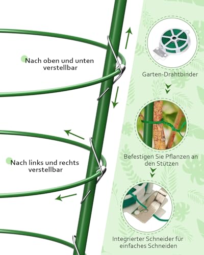 MYMULIKE 4 Pack Tomaten Rankhilfe, Tomato Rack Round Green 45CM, Einstellbar Rankstütze Für Kletterpflanzen Rund, Geeignet für Tomaten, Gurken, Zimmerpflanzen, Gartenpflanzen with tie 20M/1 roll