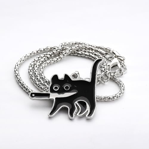 Black Cat Pendant Necklaces Killer Hold a Knife Kitty Animal Silver Snake Chain Necklace Unique Funny Halloween Jewelry Gifts for Pet Lover - Image 2