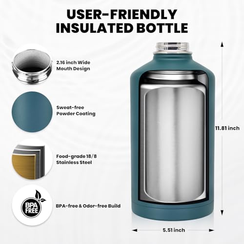 Image of RAYMYLO One Gallon Water Bottle Insulated, Triple Walled Vacuum Stainless Steel (Cold for 48 Hrs), Leak Proof & Non-BPA, Large Water Flask Jug with Paracord Handle & Straw Spout Lids