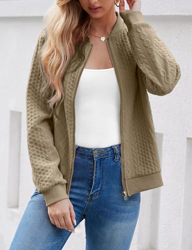 Image of WROLEM Women's Zip Up Cardigan Sweater Cable Hoodies Long Sleeve Jacket Outfits Crewneck Casual Coat