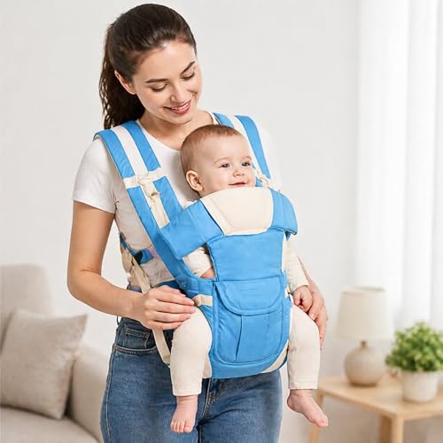 Image of LittleBoo New Born Baby Carrier Bag 4-in-1 Adjustable Baby Sitting Carrier Bag - Front & Back Carry with Head Support, Safety Belt & Buckle Straps for 0-24 Months (Sky Blue)